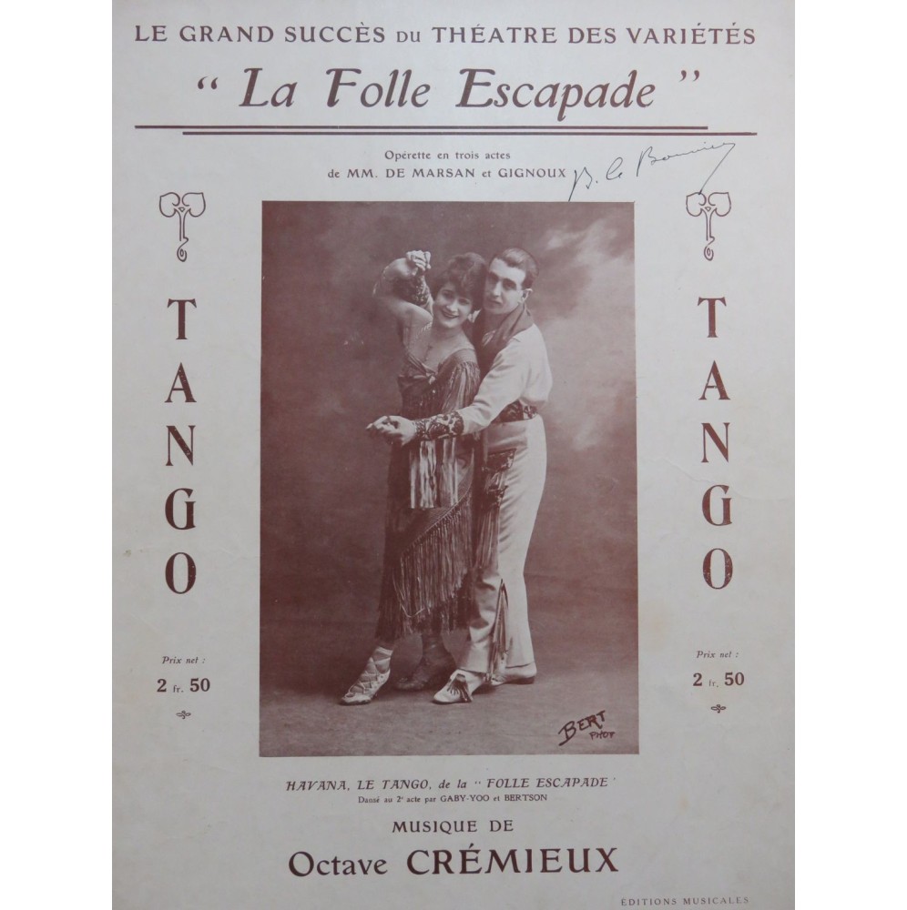 CREMIEUX Octave La Folle Escapade Havana Tango Piano 1919