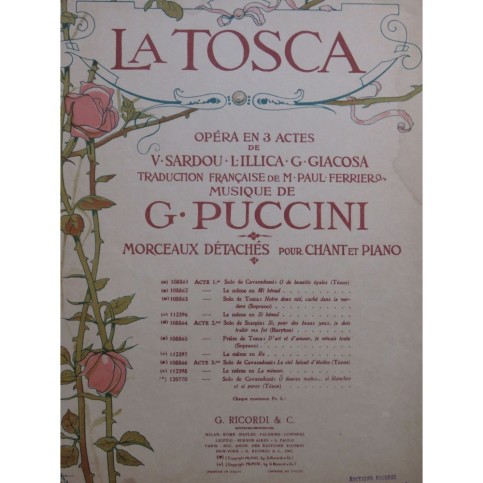 PUCCINI Giacomo La Tosca Solo Cavaradossi Ô douces mains Chant Piano 1908