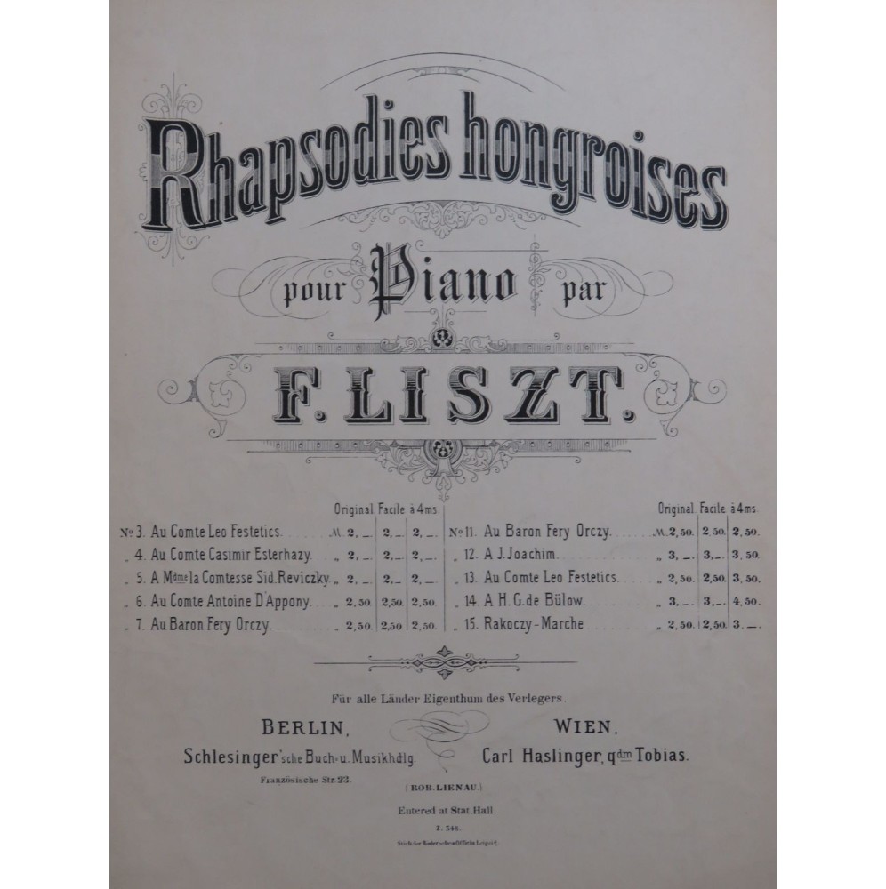 LISZT Franz Rhapsodie Hongroise No 11 Piano XIXe siècle