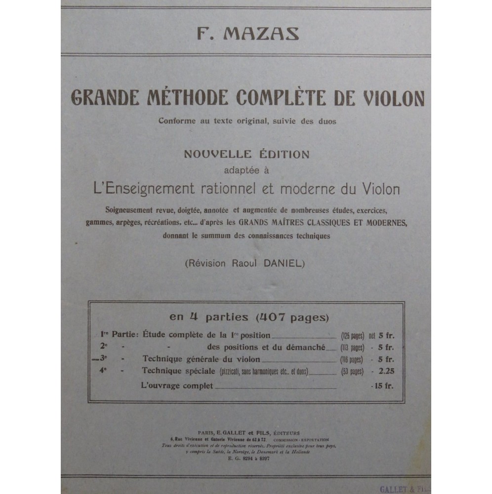 MAZAS F. Grande Méthode Complète de Violon 3ème Partie Violon