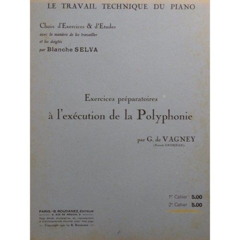 DE VAGNEY G. Exercices Préparatoires Polyphonie No 2 Piano 1921