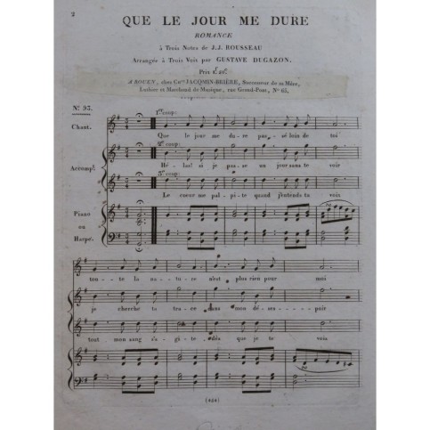 ROUSSEAU J. J. Que le jour me dure Chant Piano Harpe ca1820