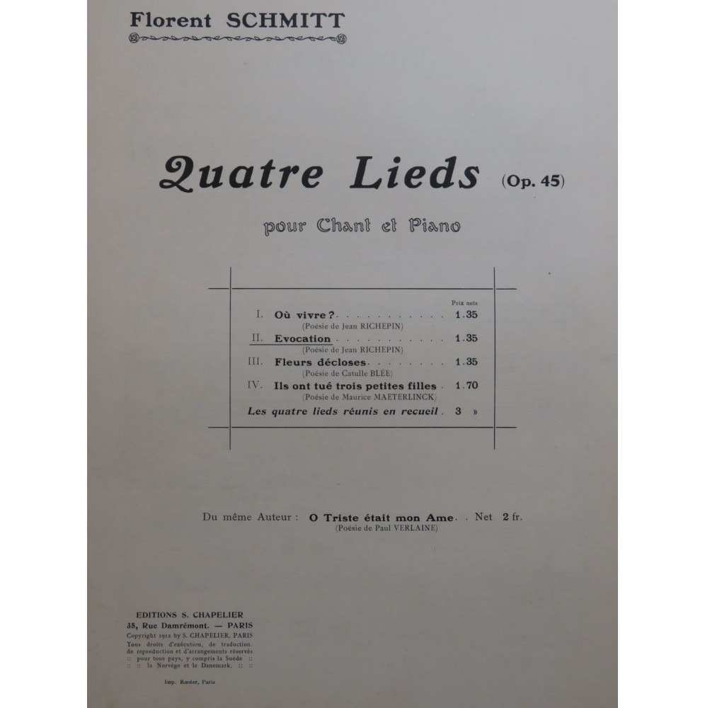 SCHMITT Florent Évocation Chant Piano 1912