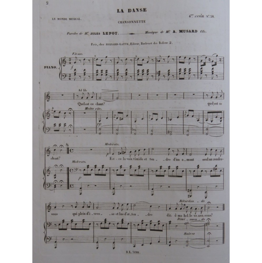 MUSARD A. Fils La Danse Chant Piano ca1840