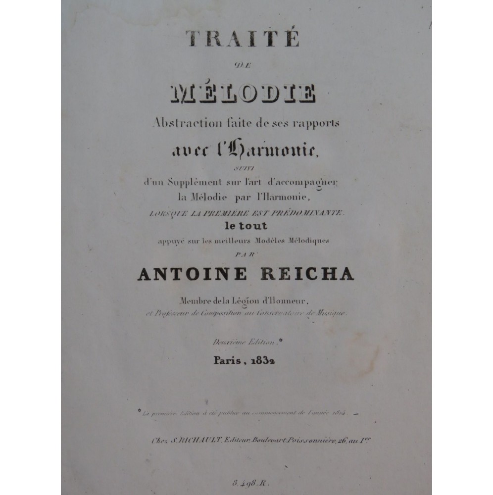 REICHA Antoine Traité de Mélodie Harmonie 1832