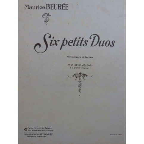 BEURÉE Maurice Six Petits Duos Mélodiques et Faciles pour 2 Violons 1921