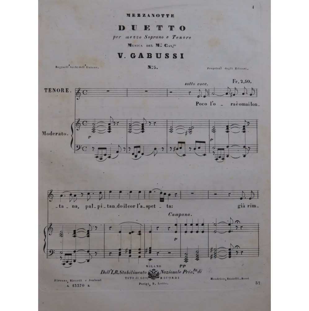 GABUSSI Vincenzo Mezzanotte Duetto Chant Piano 1841