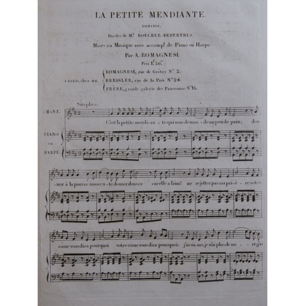 ROMAGNESI Antoine La petite mendiante Chant Piano ou Harpe ca1820