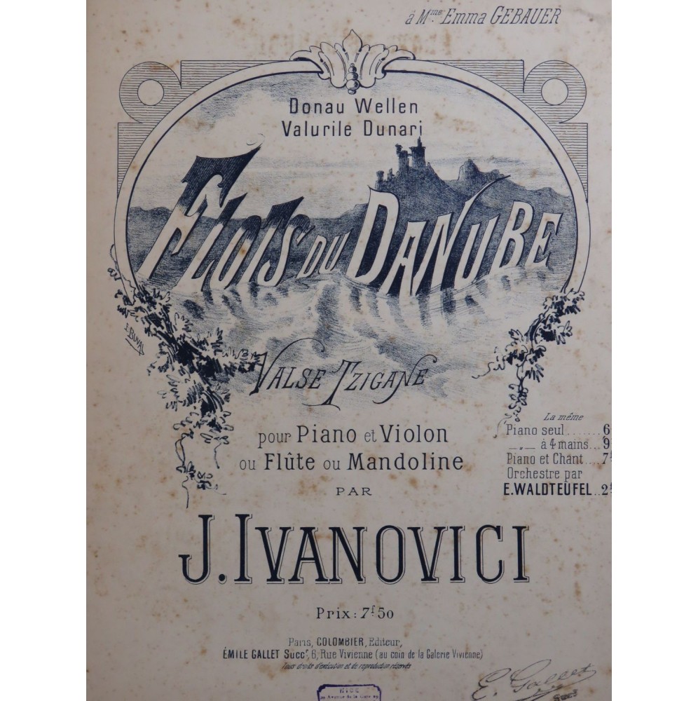 IVANOVICI J. Flots du Danube Piano Violon ou Mandoline ou Flûte ca1890