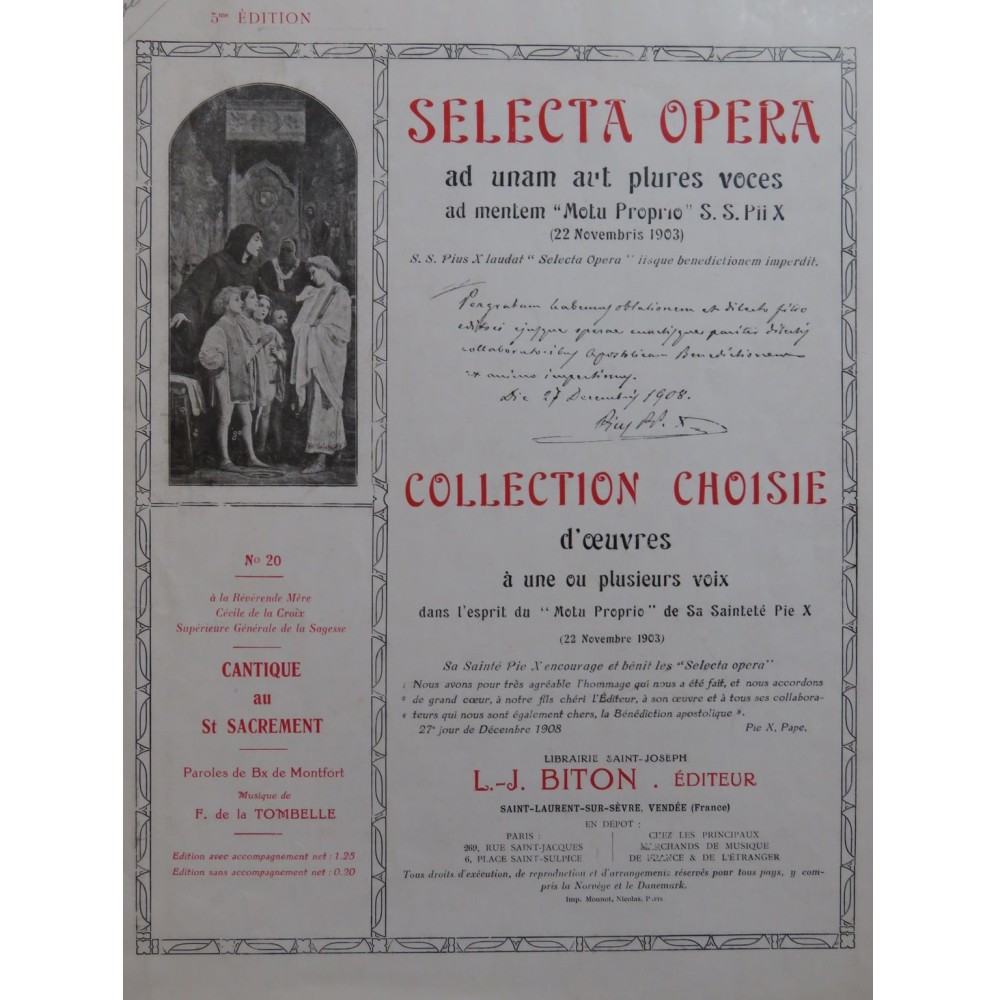 DE LA TOMBELLE F. Cantique au Saint Sacrement Chant Orgue 1910
