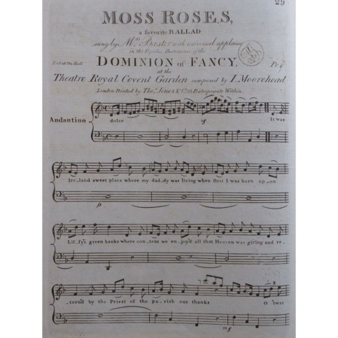 MOOREHEAD I. Moss Roses Ballad Chant Piano ca1840
