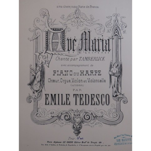 TEDESCO Émile Ave Maria Piano ou Harpe Chant Orgue Violon Violoncelle ca1890