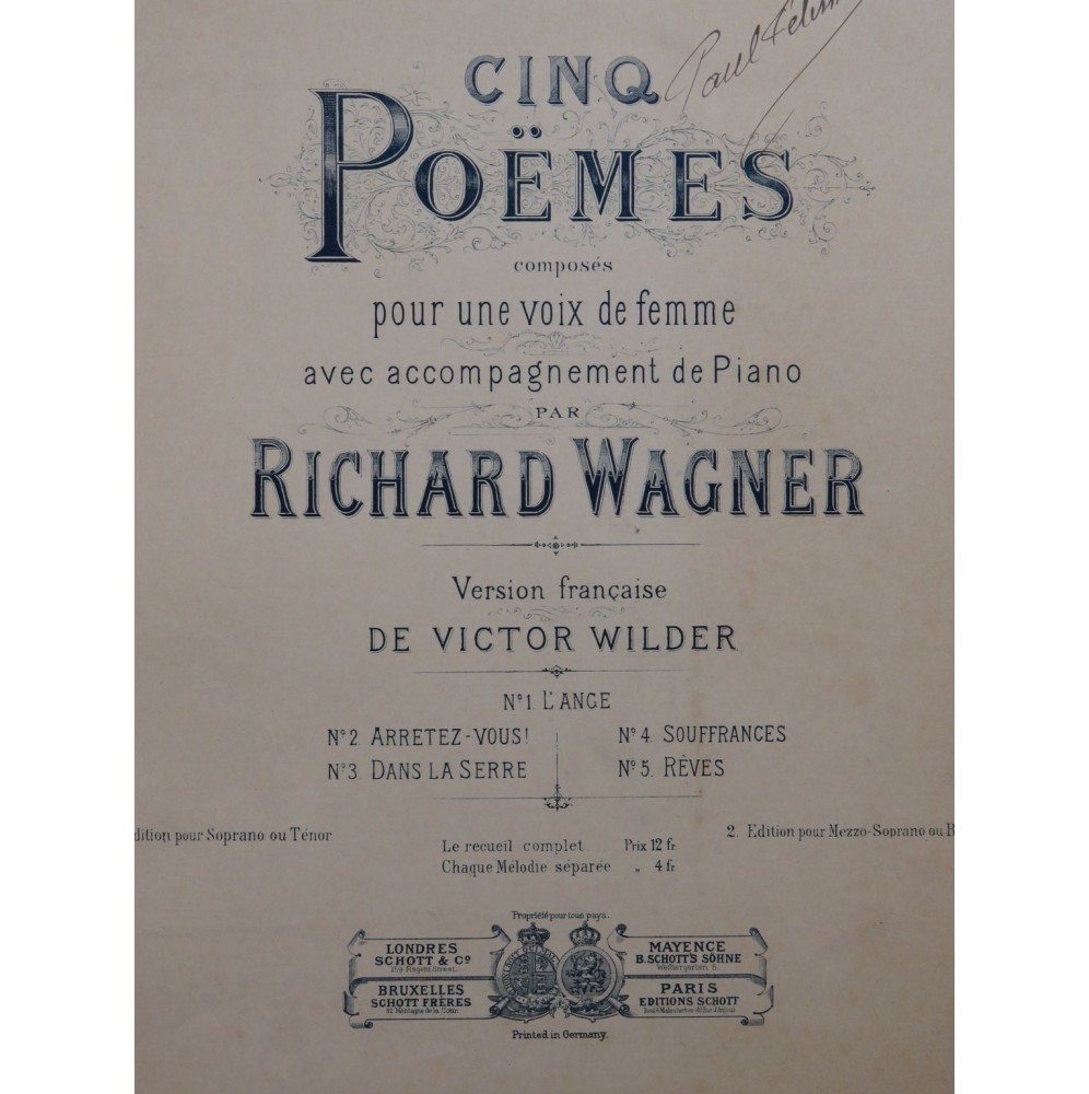 WAGNER Richard Cinq Poèmes Piano Chant ca1890