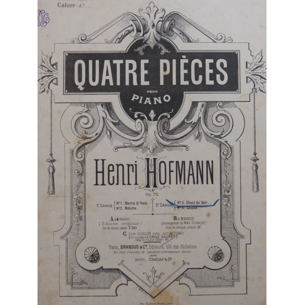 HOFMANN Henri Quatre Pièces 2e Cahier Piano Violon 1886