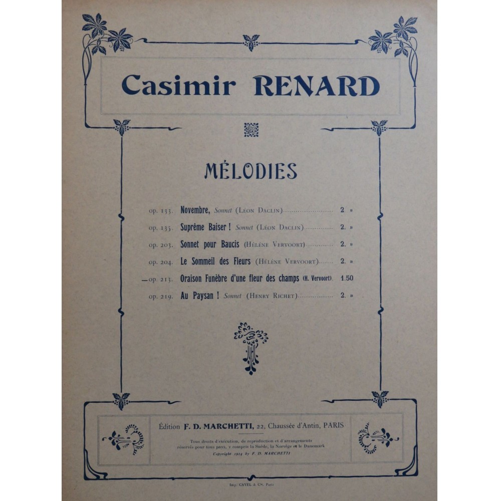 RENARD Casimir Oraison funèbre d'une fleur des champs Chant Piano 1924