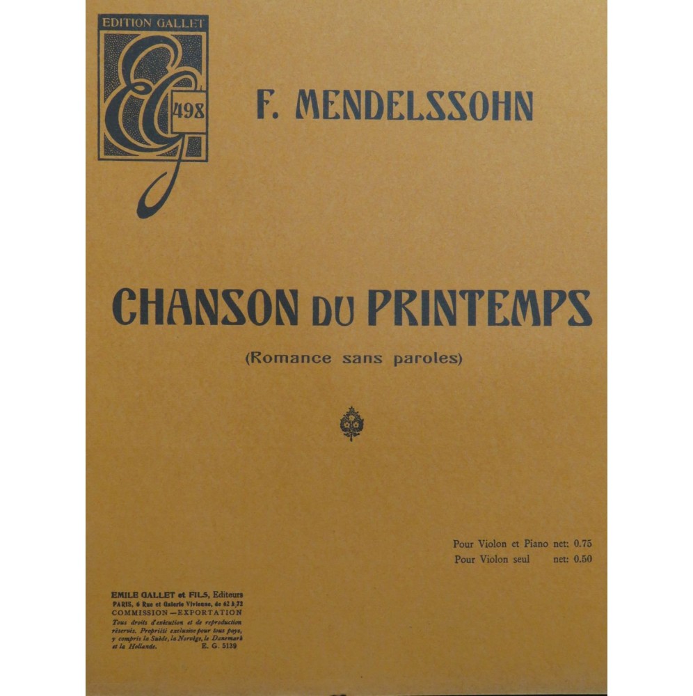 MENDELSSOHN Chanson du Printemps Piano Violon ca1925