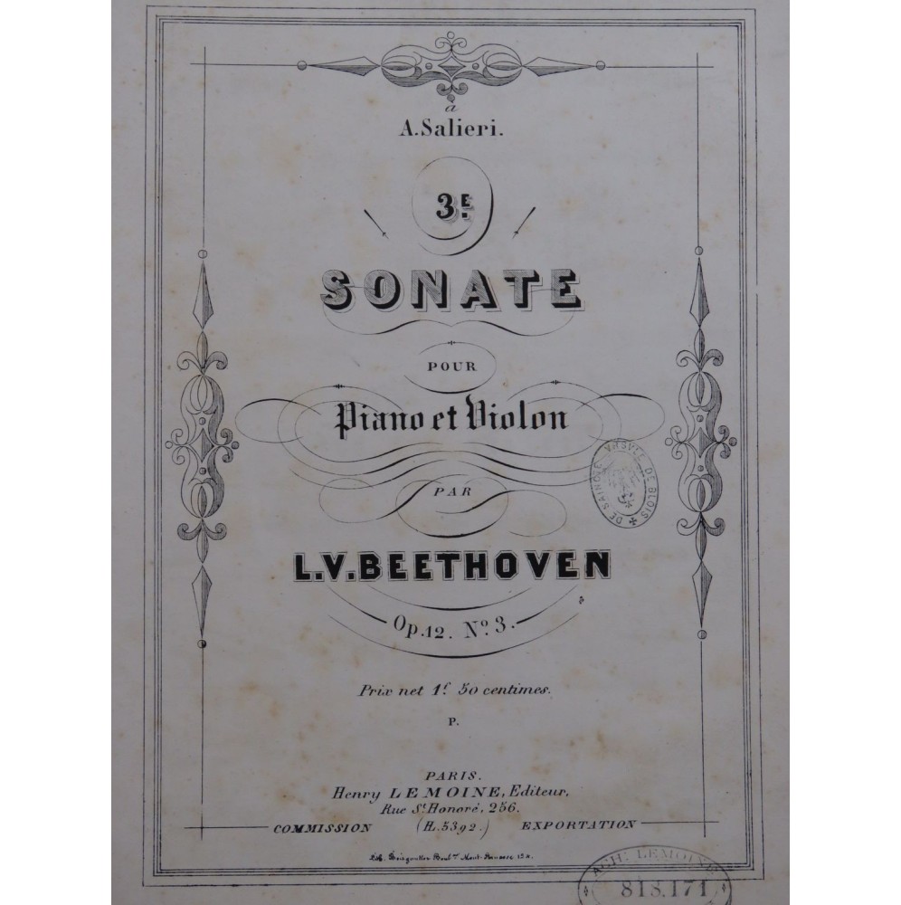 BEETHOVEN Sonate No 3 op 12 Piano Violon ca1860