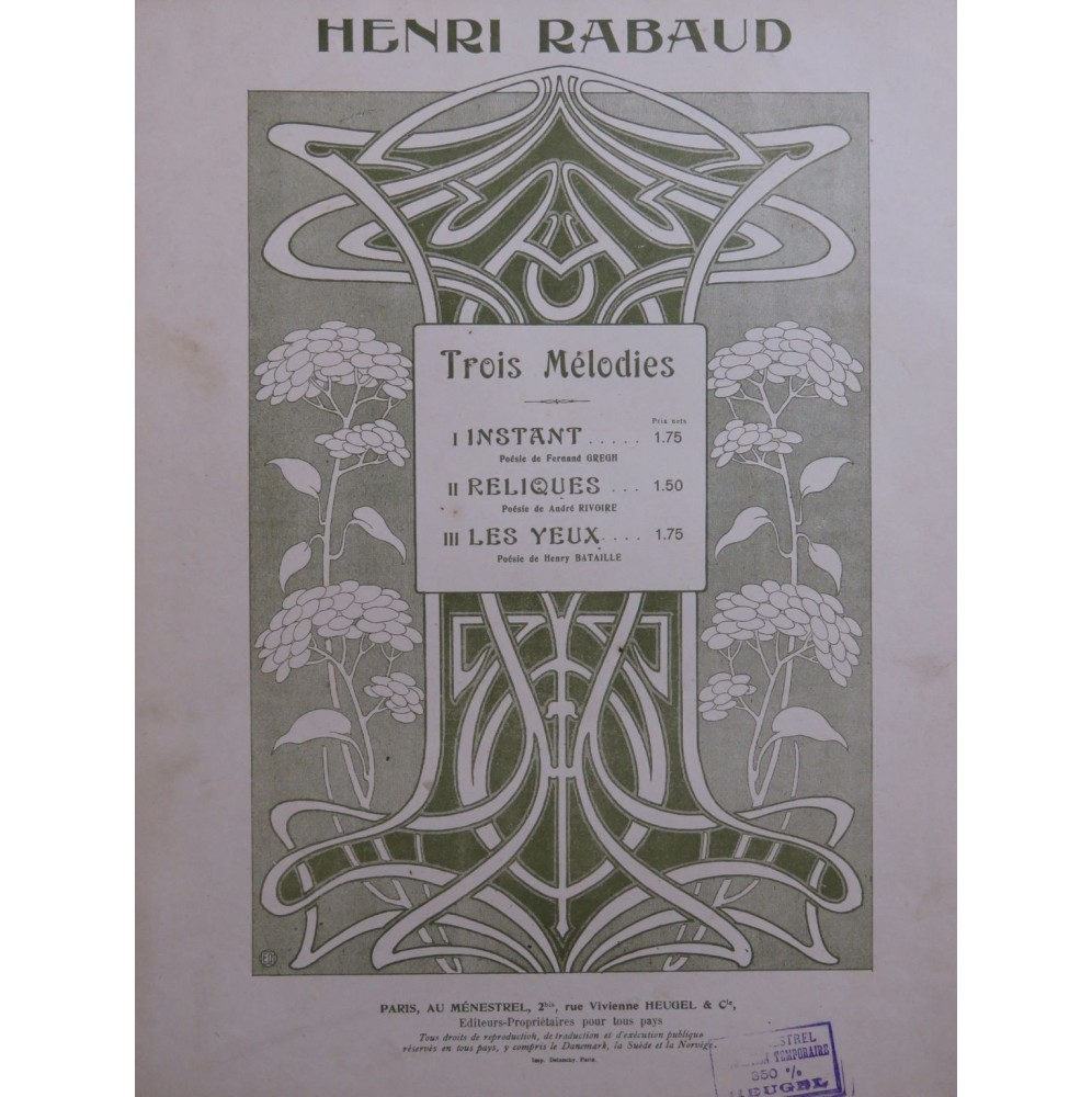 RABAUD Henri Reliques Chant Piano 1922