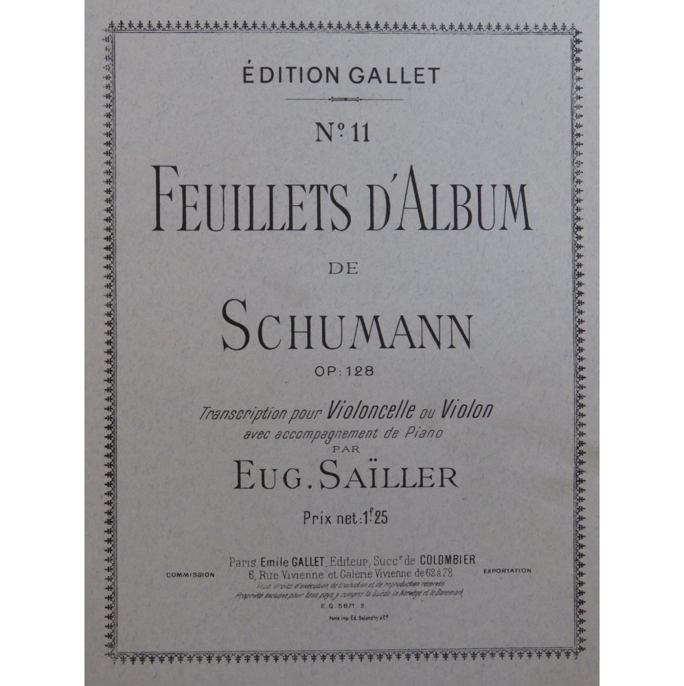 SCHUMANN Robert Feuillets d'Album op 128 Piano Violon ou Violoncelle ca1899