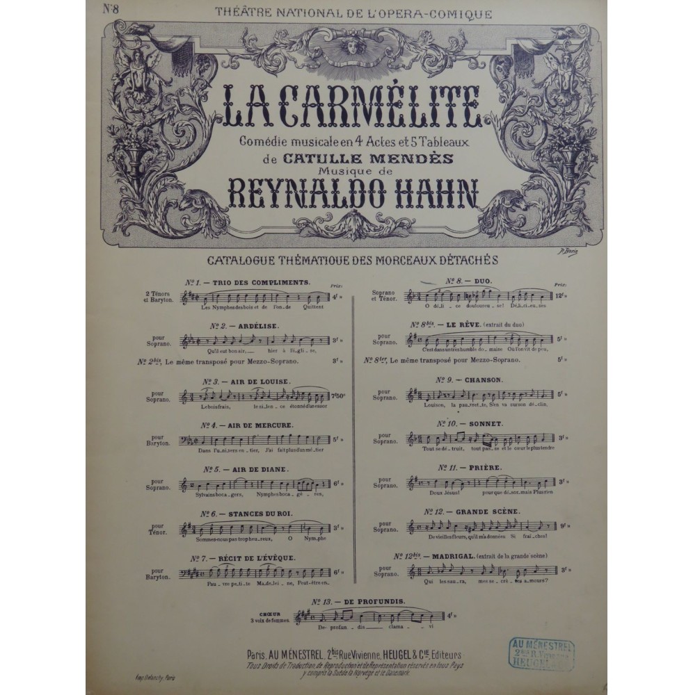 HAHN Reynaldo La Carmélite No 8 Duo Chant Piano 1902