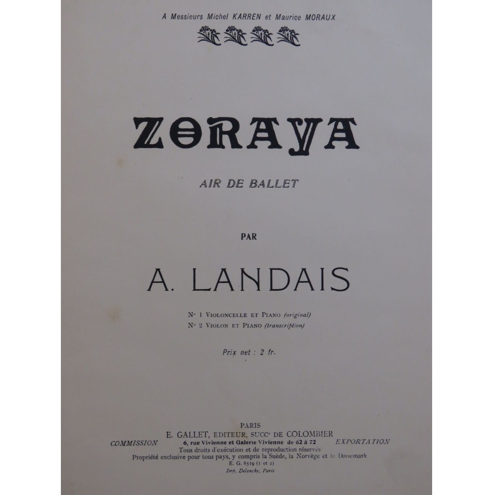 LANDAIS A. Zoraya Air de Ballet Violon Piano ca1910