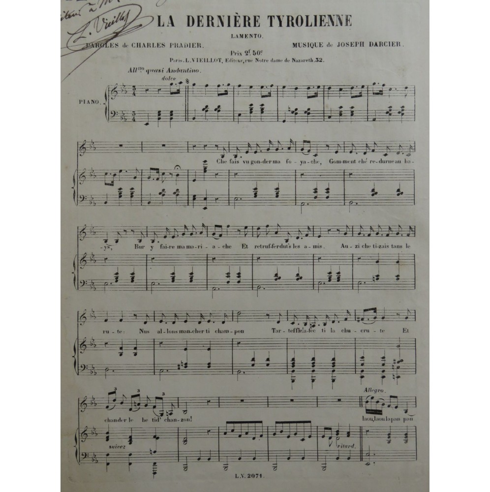 DARCIER Joseph La Dernière Tyrolienne Chant Piano ca1840