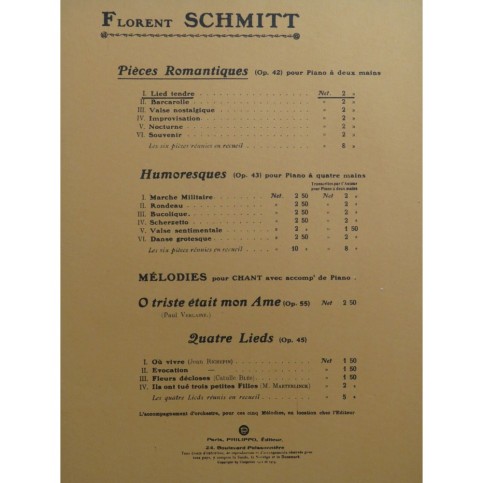 SCHMITT Florent Lied Tendre Piano 1913