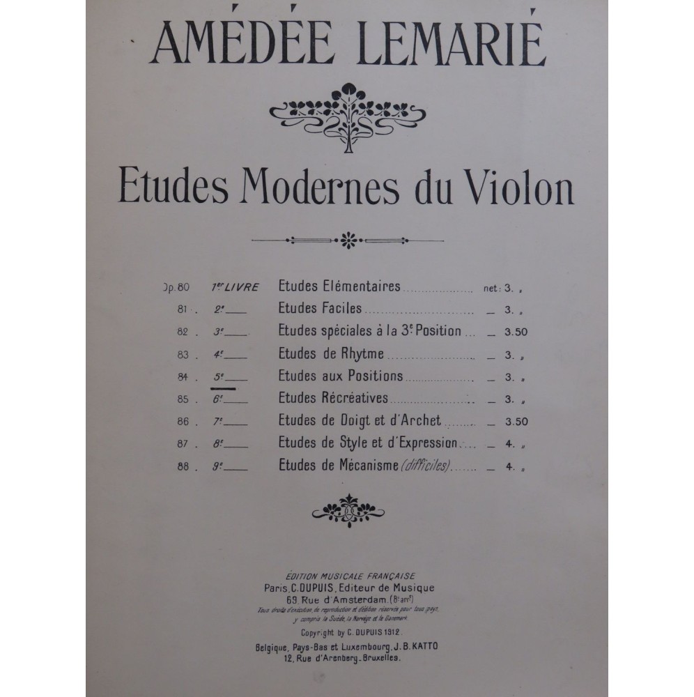 LEMARIÉ Amédée Etudes aux Positions op 84 Violon 1912