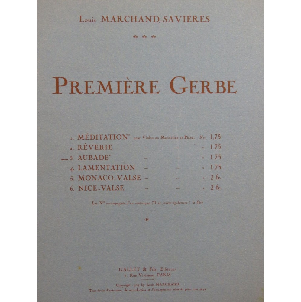 MARCHAND SAVIERES Louis Aubade Violon Piano 1934