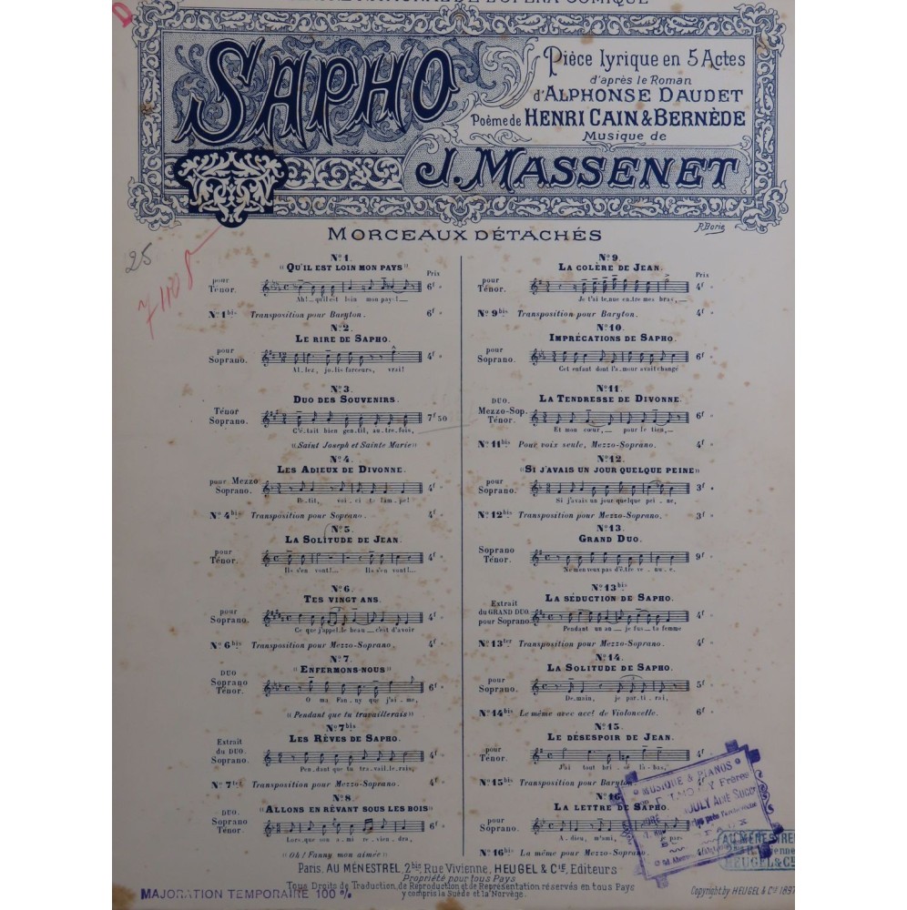 MASSENET Jules Sapho No 3 Chant Piano 1897