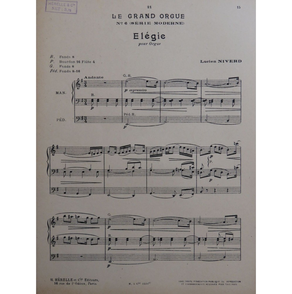 NIVERD Lucien Elégie Orgue ca1925