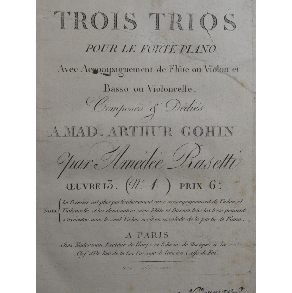 RASETTI Amédée Trio op 13 No 1 Piano Violon ca1810