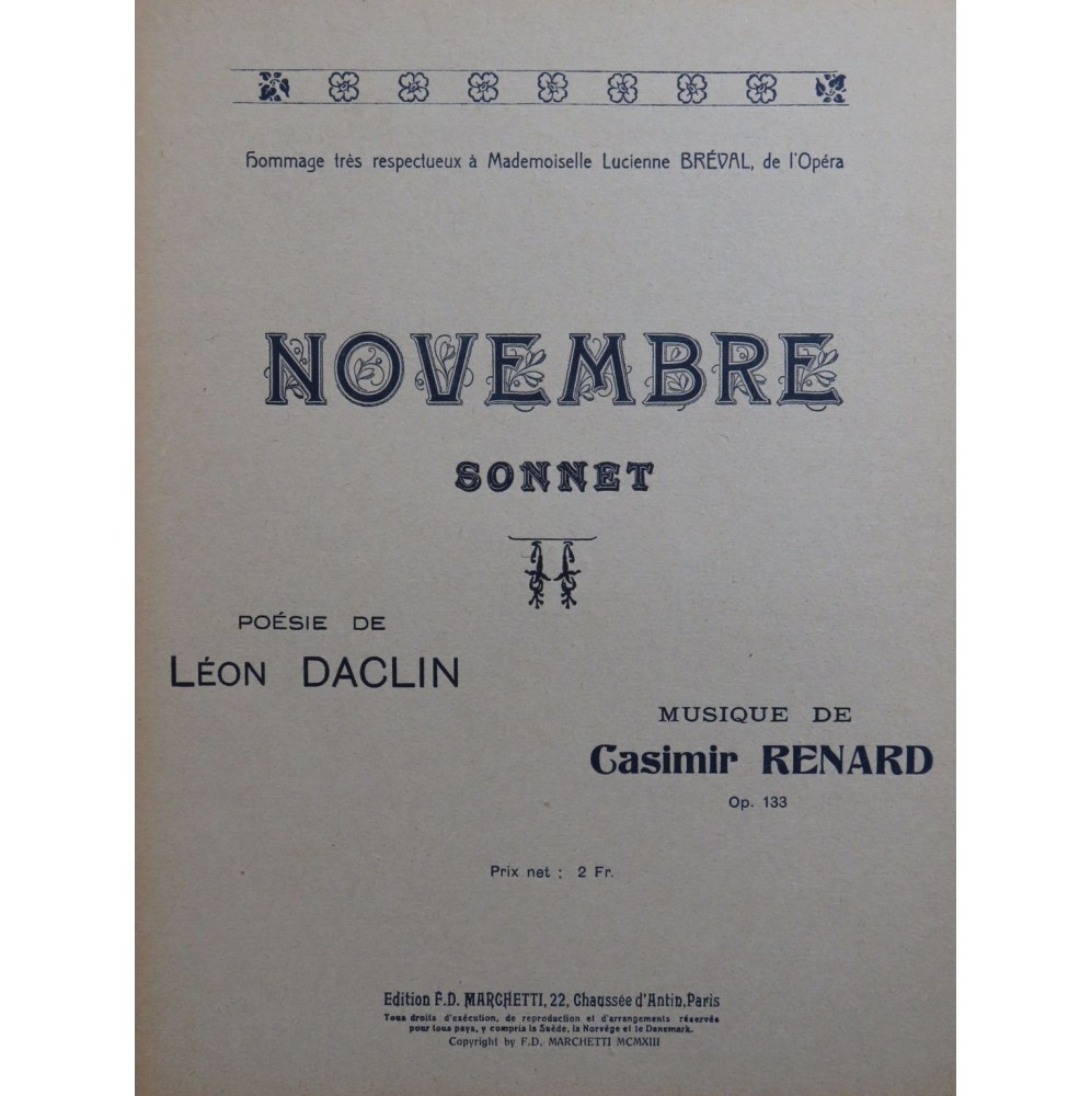 RENARD Casimir Novembre Chant Piano 1913