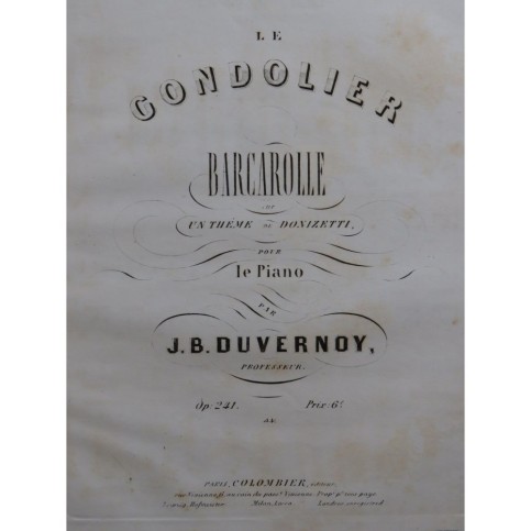 DUVERNOY J. B. Le Gondolier Piano ca1855