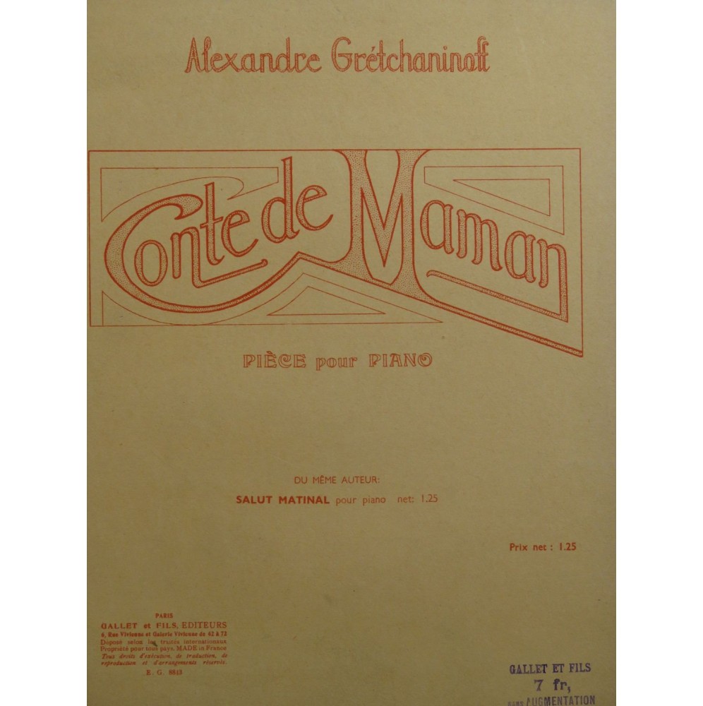 GRÉTCHANINOFF Alexandre Conte de Maman Piano ca1925