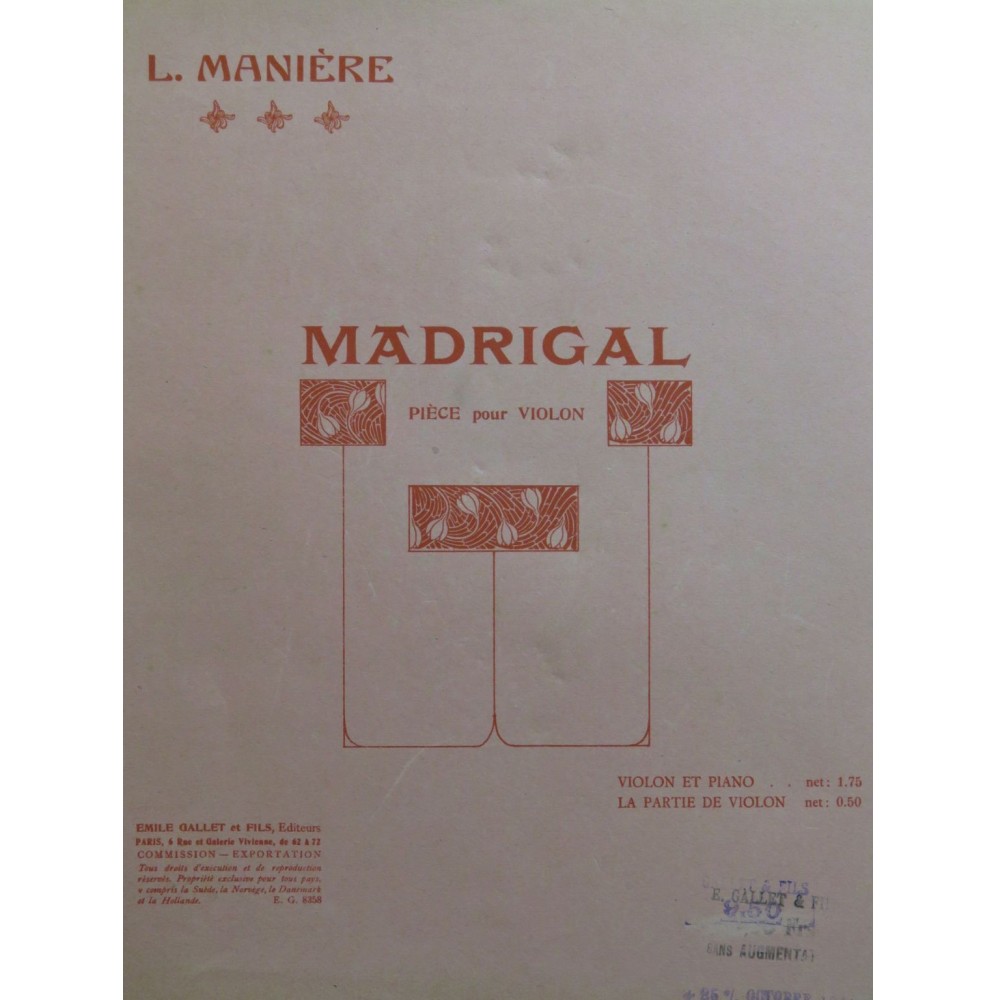 MANIÈRE L. Madrigal Violon Piano ca1925