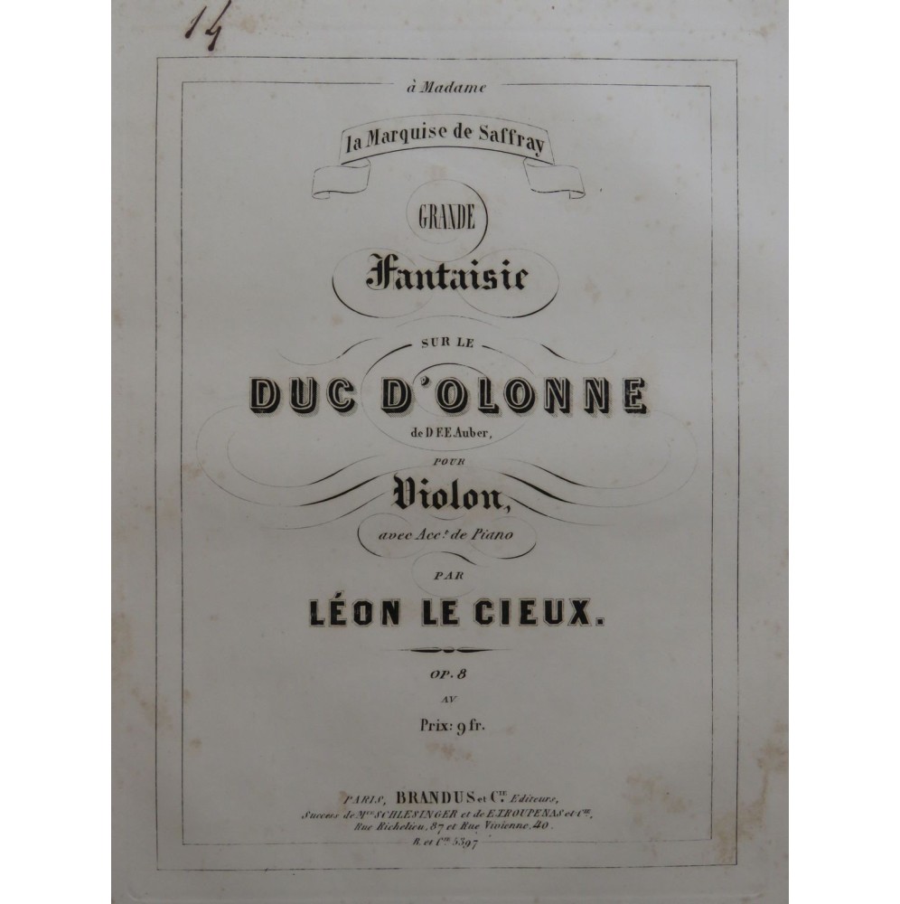 LE CIEUX Léon Fantaisie sur Le Duc d'Olonne Auber Violon Piano ca1850