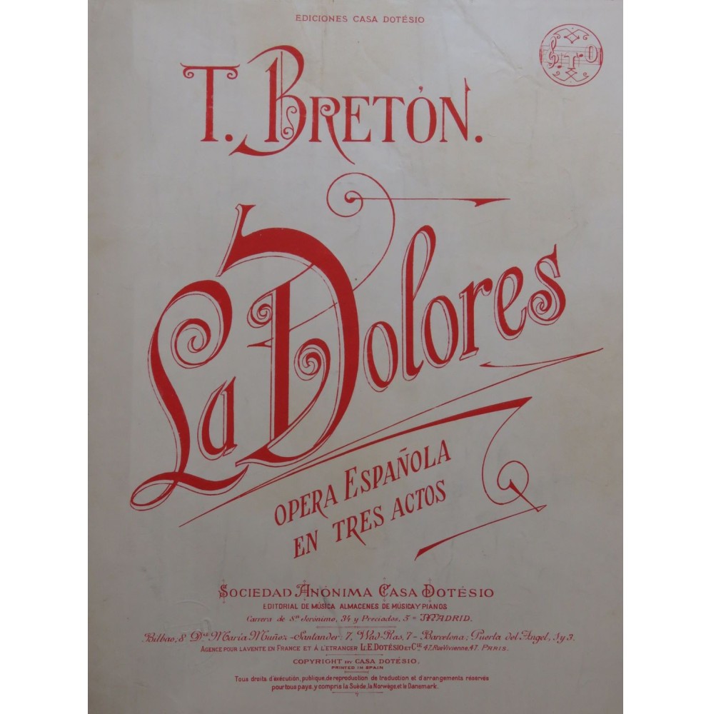 BRETON Tomas La Dolores Jota Piano ca1895