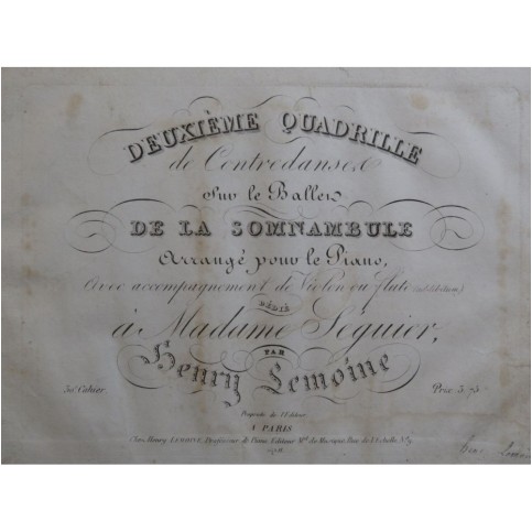 LEMOINE Henry Quadrille No 2  La Somnambule Piano ca1830