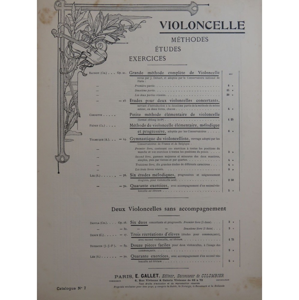 TOLBECQUE Auguste Andante et Rondo Violoncelle Piano ca1910
