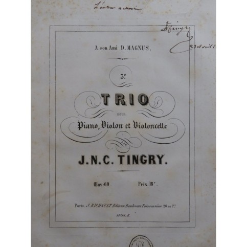 TINGRY Célestin Trio No 3 Dédicace Piano Violon Violoncelle ca1862