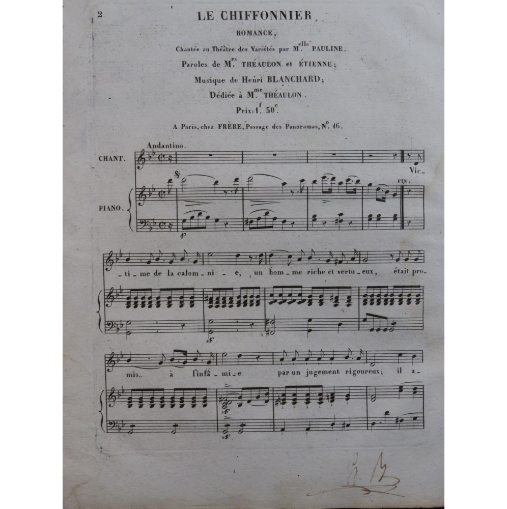 BLANCHARD Henri Le Chiffonnier Romance Chant Piano ca1830