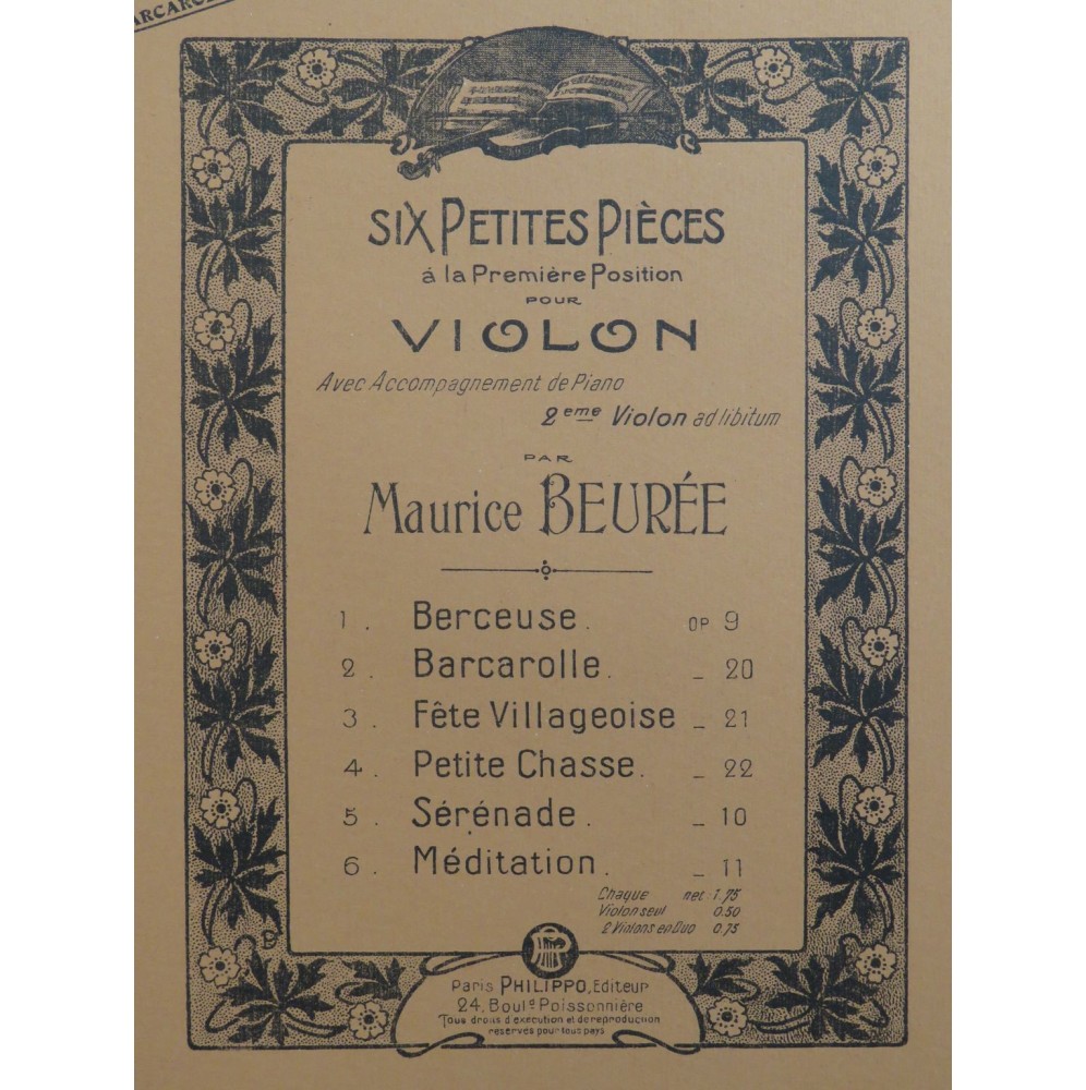 BEURÉE Maurice Barcarolle Violon Piano ca1913