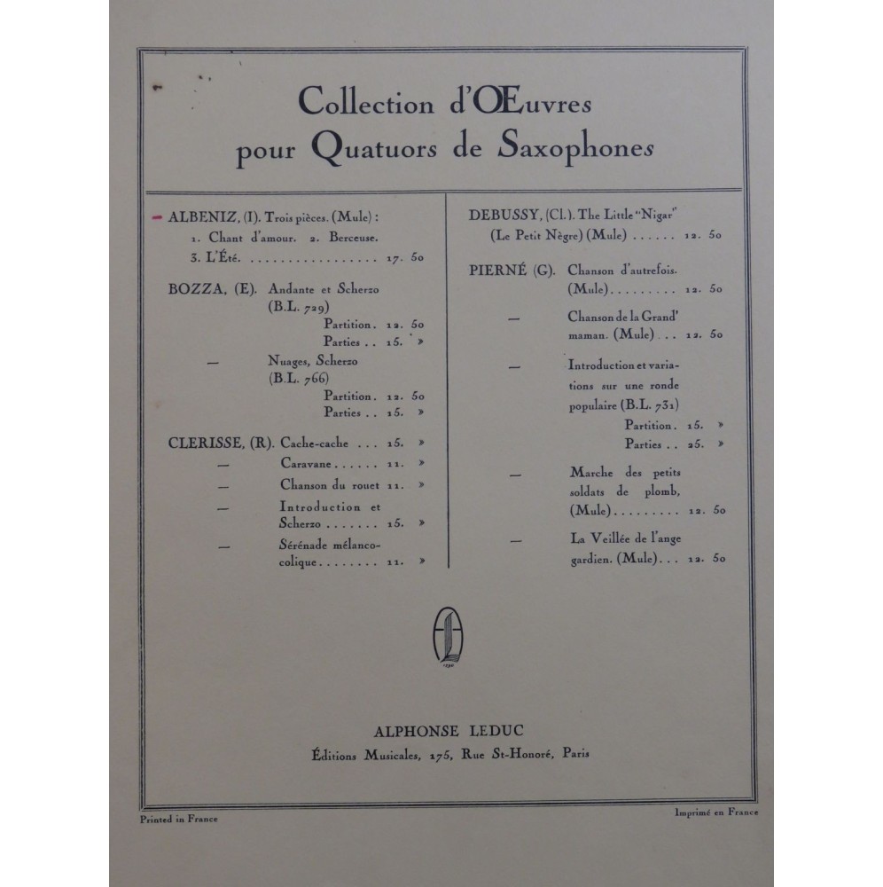 ALBENIZ Isaac Trois Pièces pour Quatuor de Saxophones 1922
