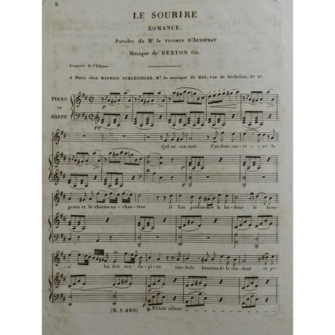 BERTON fils Le Sourire Chant Piano ou Harpe ca1820