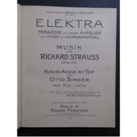 STRAUSS Richard Elecktra Opéra Chant Piano 1908