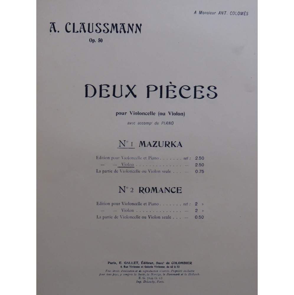 CLAUSSMANN Aloÿs Mazurka Piano Violon ca1910