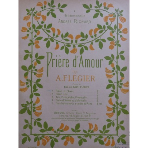 FLÉGIER A. Prière d'Amour Chant Piano ca1900
