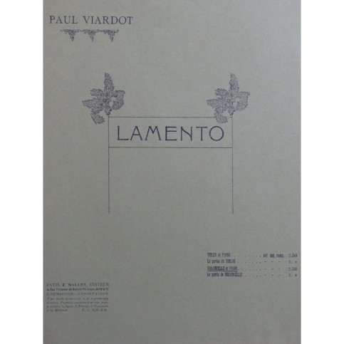 VIARDOT Paul Lamento Violoncelle Piano ca1925