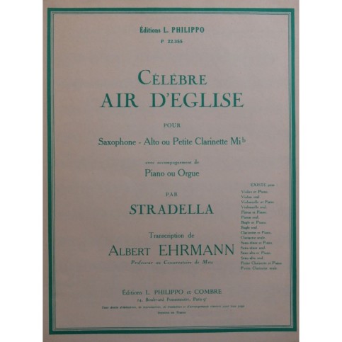 STRADELLA Alessandro Célèbre Air d'Église Saxophone Piano ou Orgue